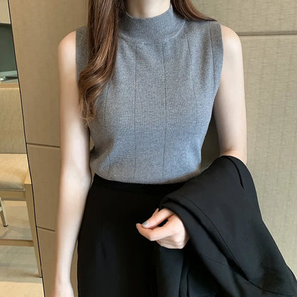 Women Knitted Solid Sweet Crop Tops O-neck Sleeveless Tops for Summer