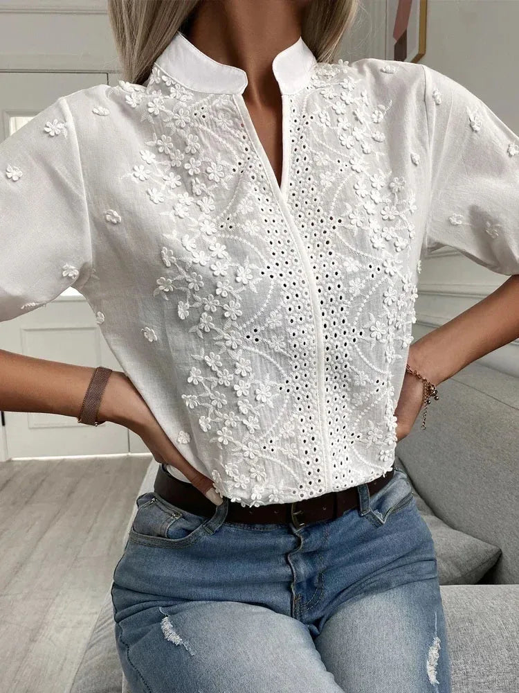 Cotton Tops Floral Embroidery Lace Blouse Women Summer Elegant Short Sleeve Hollow-out Stand Collar V Neck Casual Shirt 24350