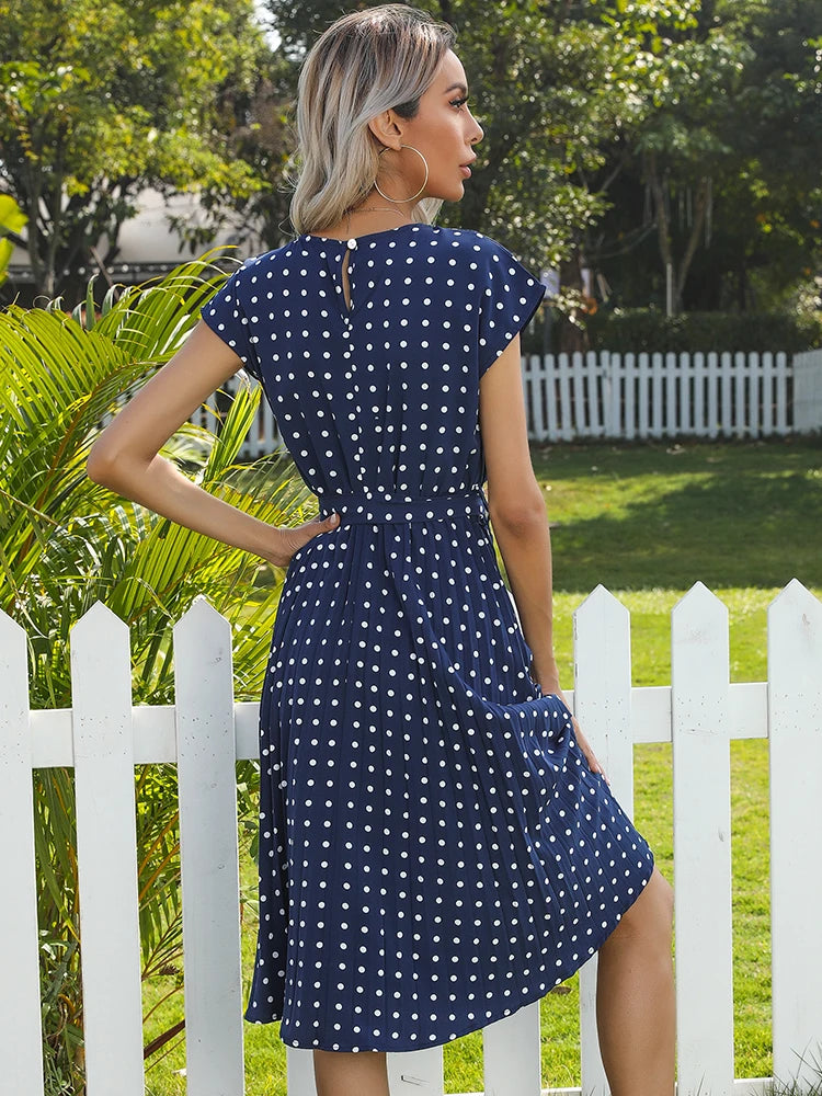 Women Short Sleeve Polka Dot Print Midi Dresses