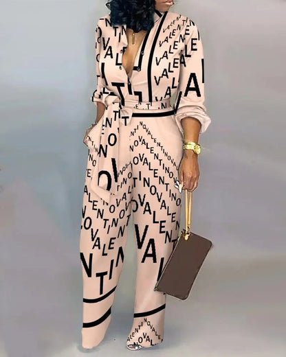 Women Fashion Letter Print Long Sleeve Jumpsuit Spring Button One Piece Overalls Streetwear Autumn Elegant Office Lady Playsuit