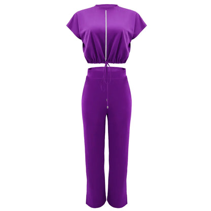 Women Short Sleeve Top & High Waist Pants Set