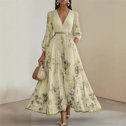 Fashion Floral Print Patchwork Bohemian Dress Woman Sexy Deep V Neck Hollow Long Dresses New Spring Puff Sleeve Loose Maxi Dress