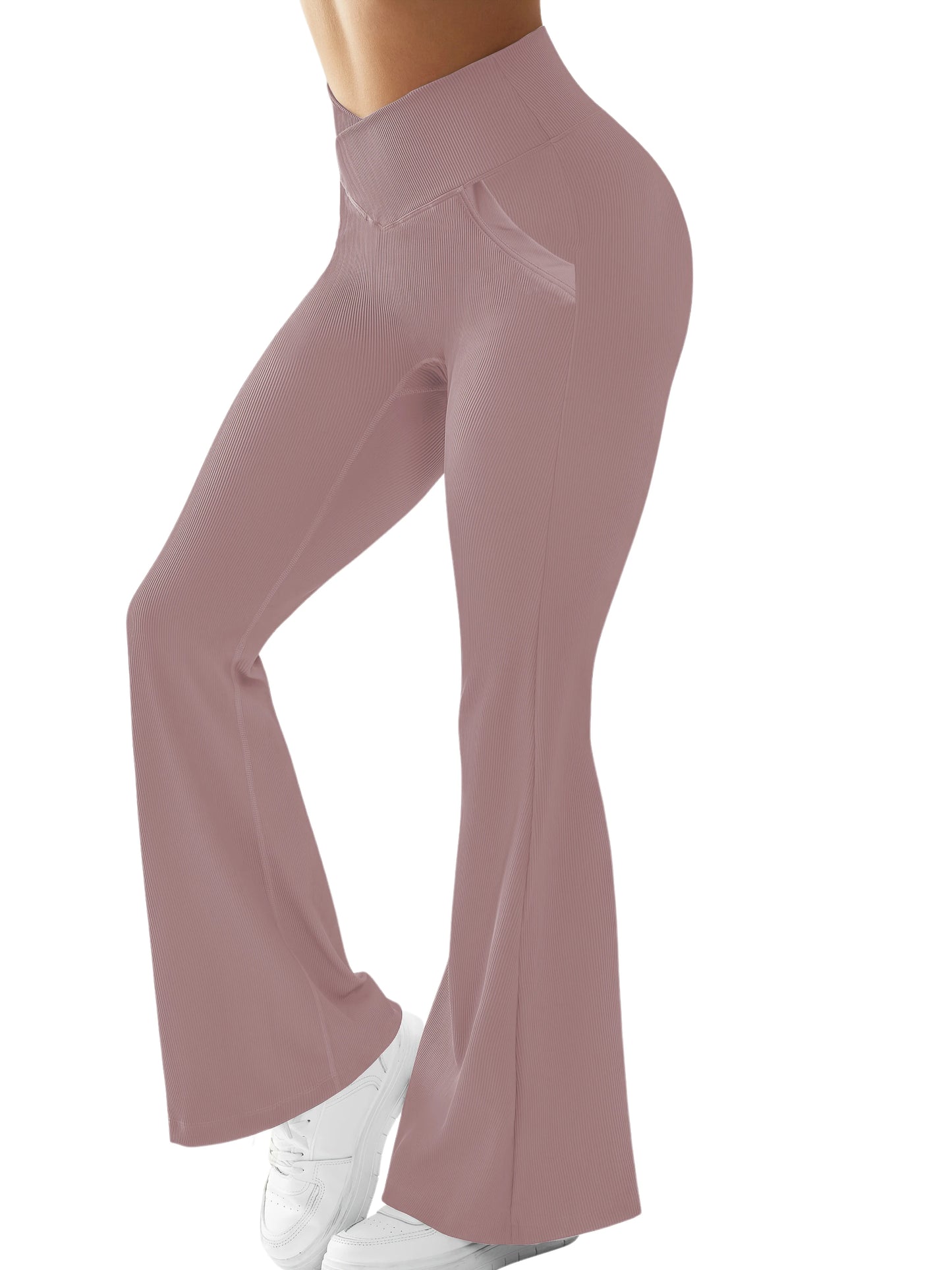 2 Pockets High Waist Stretch Slim Women Flared Leggings Solid Elegant Versatile Tights Woman Street Casual Yoga Fitness Sports