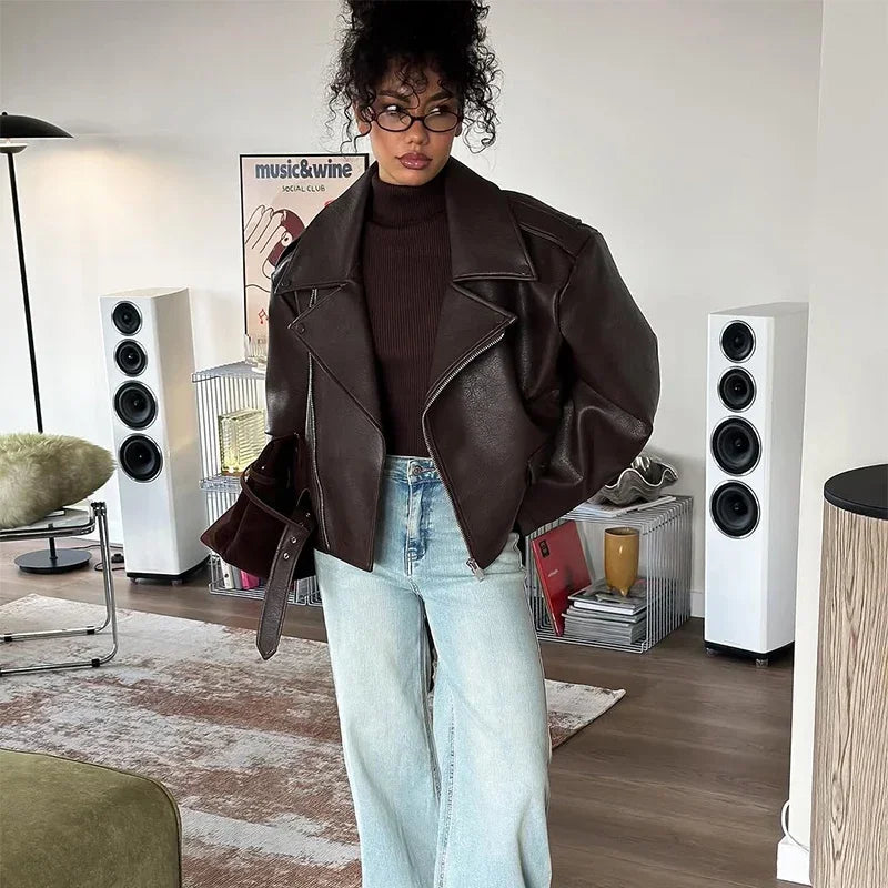 Brown Lapel Leather Bomber Jacket Women's Fashion Full Sleeve Zipper Pocket Lace Up Belt Coat 2025 Autumn High Street Outerwear