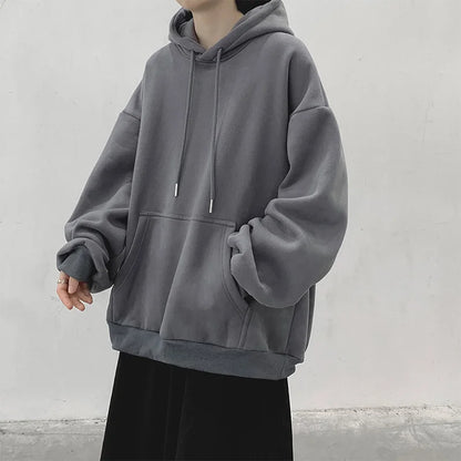 Dark Grey Hoodie Men Sweatshirt Autumn Winter Clothes Pure Color Y2k Pullover Top Boy Version Trend Loose Fleece Coat Oversized