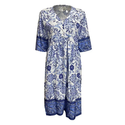 Women V Neck Pullover Button Splicing Dresses Elegant Flower Print Dress New Half Sleeve Gown Commuter Casual Loose Female Frock