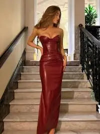 Solid Pu Leather Zipper Wrinkle Slim Bra Midi Dress Sleeveless Backless Split High Waist Dress 2025 New Lady Evening Party Robe for Women