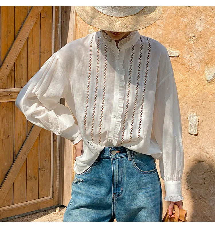 2025 Spring New Women's French White Shirt Splicing Lace Embroidery Design Ladies Shirt Long Sleeve Casual Holiday Beach Tops