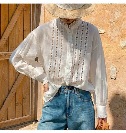 2025 Spring New Women's French White Shirt Splicing Lace Embroidery Design Ladies Shirt Long Sleeve Casual Holiday Beach Tops