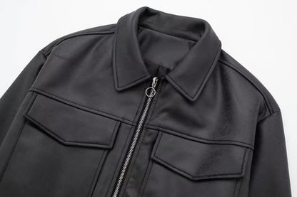 TRAFZA Winter Short Coats Woman Trendy Black Turn-Down Collar Long Sleeves Pockets Zipper Female High Street Thick Jackets