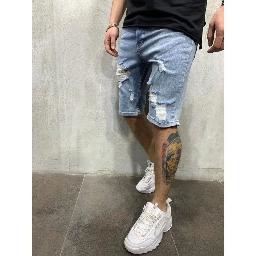 Ripped tassel denim shorts New  Summer Men's Personalized Washable Perforated Denim Pants Large Casual Middle Pants