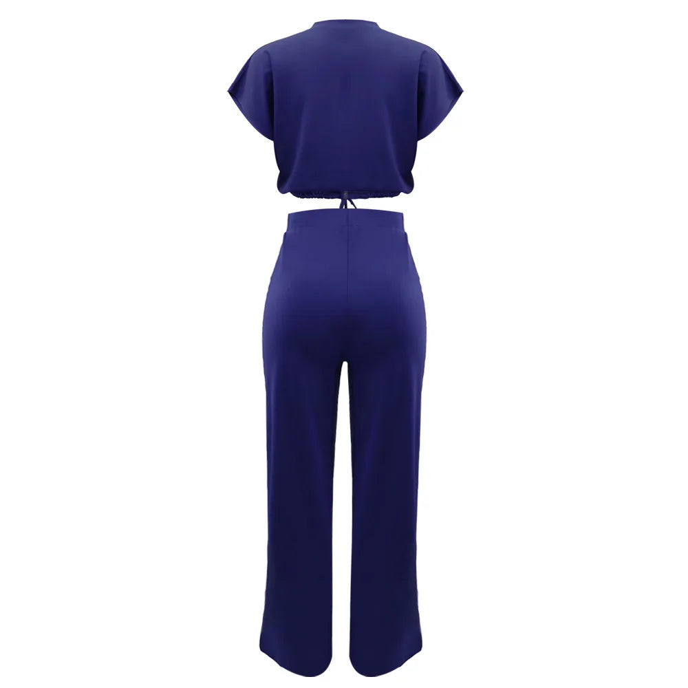Women Short Sleeve Top & High Waist Pants Set