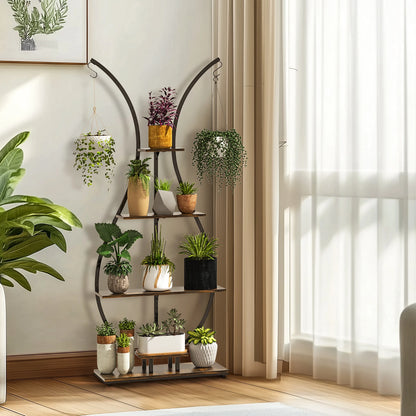 Vase Shape Tall Planter Display Rack Metal Garden Plant Stand with 5 Tiers and Hangers