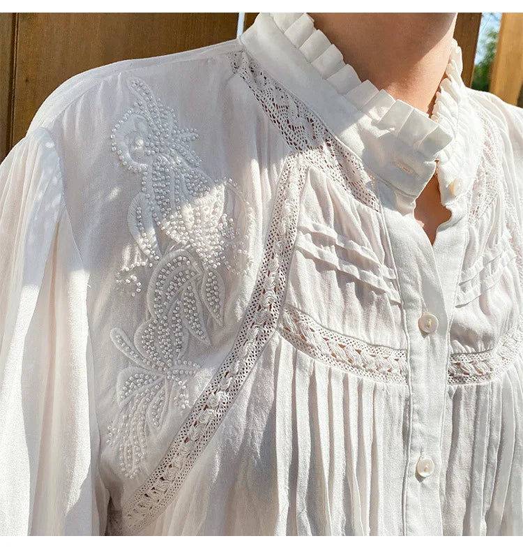 2025 Spring New Women's French White Shirt Splicing Lace Embroidery Design Ladies Shirt Long Sleeve Casual Holiday Beach Tops