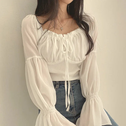 Women Chiffon Blouse Summer Shirt Square Collar Folds Lace Up Waist Tops Korean Fashion Flare Sleeve Elegant Blouses Femme