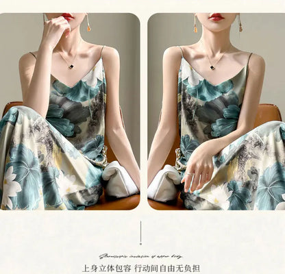 2024 Spring and Summer New Women's Dress Colorful Flower Suspender Skirt Satin Silky Dress Cool and Comfortable