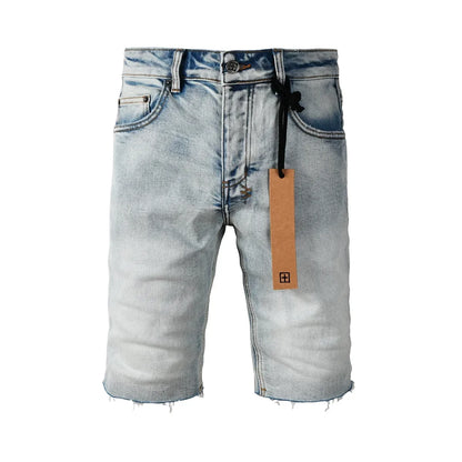 New Cross Denim shorts Men Fashion Trend Elastic Vintage wash Jeans American High Street Hip Hop Hole denim short