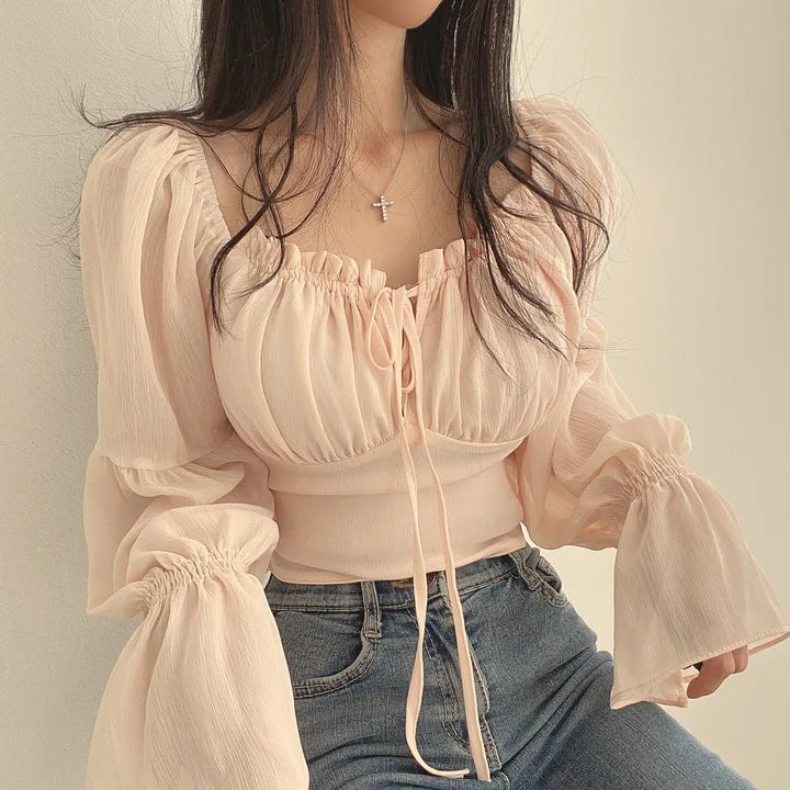 Women Chiffon Blouse Summer Shirt Square Collar Folds Lace Up Waist Tops Korean Fashion Flare Sleeve Elegant Blouses Femme