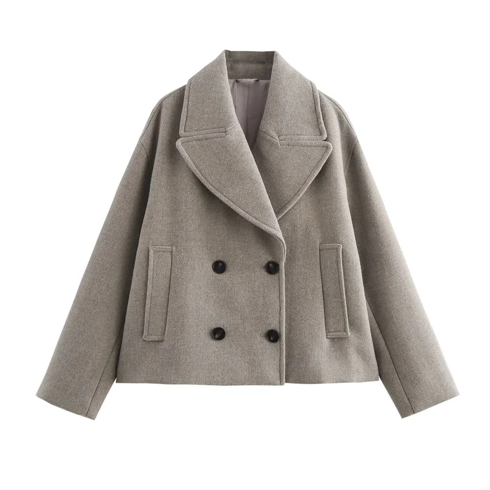 TRAF Autumn New Product Women's Casual Fashion Style Double breasted Wool Collar Long sleeved Jacket Coat