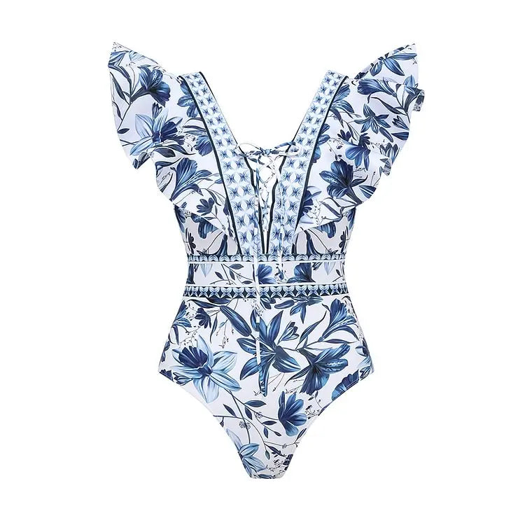 2025 Flaxmaker Vintage Printed Swimsuit and Sarong Swimwear Women Elegant Sleeveless Summer Swimwear Ladies Bathingsuit