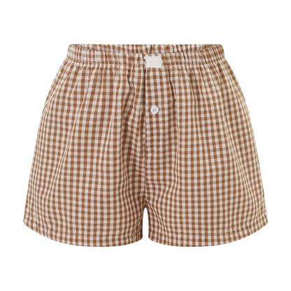 Women’s Y2K Retro Cleanfit Plaid Print Elastic Low Waist Button Front Aesthetic Loungewear Loose Shorts Boxers Streetwear