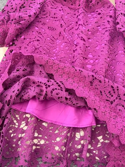 Autumn Vintage Embroidery Hollow Out Dresses Women's Stand Collar Long Sleeve Solid High Waist Elegant Wedding Party Vestidos