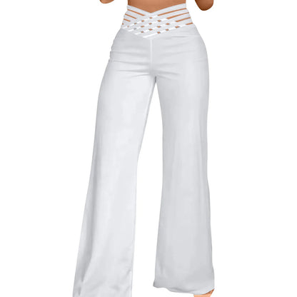 Summer Wide Leg Hollow Wide Waistband Long Pants Women High Waist Solid Color Wide Leg Flared Trousers Yoga Sport Gym Pants