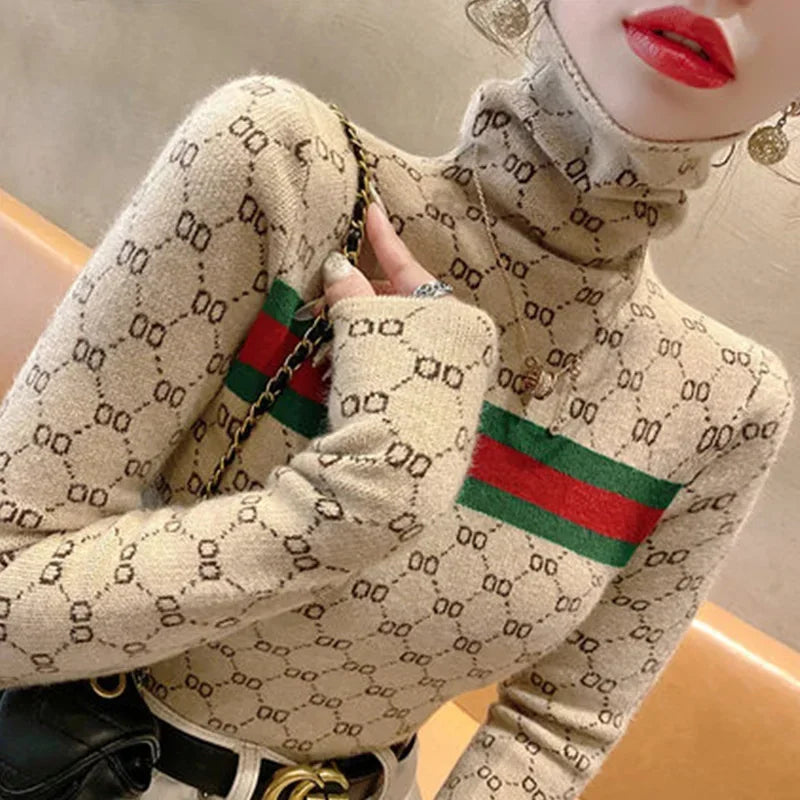 Women Slim Turtleneck Commute Warm Knitted Pullover Autumn Winter Vintage Soft Elastic Striped Letter Jacquard Sweaters