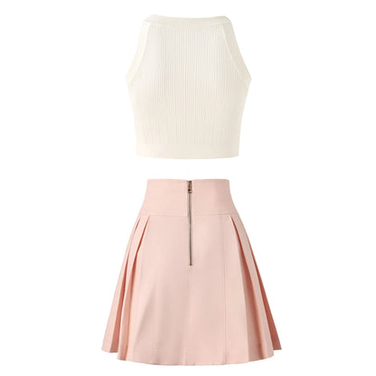 Y2K Sweet Design White Short Knitting Vest Tops Dopamine Pink A-line Mini Denim Skirt Sexy Women 2PCS Summer Sets High Quality