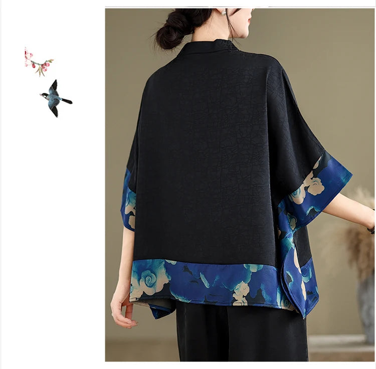 Mulberry Silk Chinese Style T-shirt for Women Spring Summer Fashion Vintage Patchwork Half Sleeve Cloud Embroidery Female Blouse
