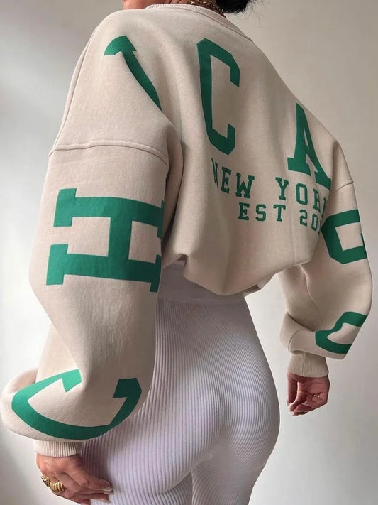 Women Loose Pullover Sweatshirts Letter Print Casual Thickened Long Sleeve Tops Autumn Streetwear