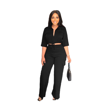 Elegant Office Women Two Piece  Short Shirt + Wide Leg Trousers Set