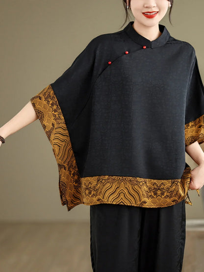 Mulberry Silk Chinese Style T-shirt for Women Spring Summer Fashion Vintage Patchwork Half Sleeve Cloud Embroidery Female Blouse