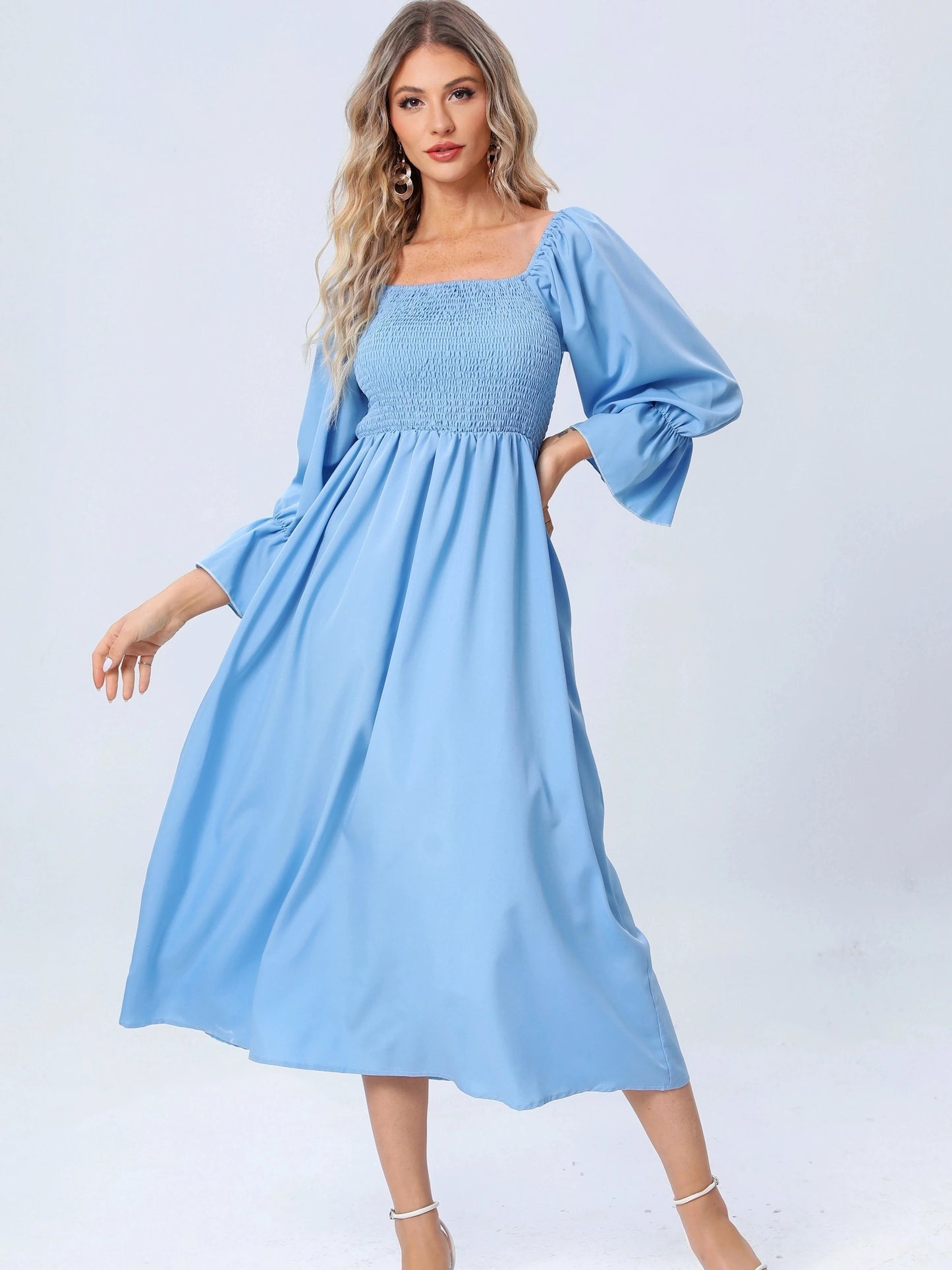 Shirred Solid Dress,Casual Lantern Sleeve Squared Neck Slim Waist Midi Dress, Women's Clothing
