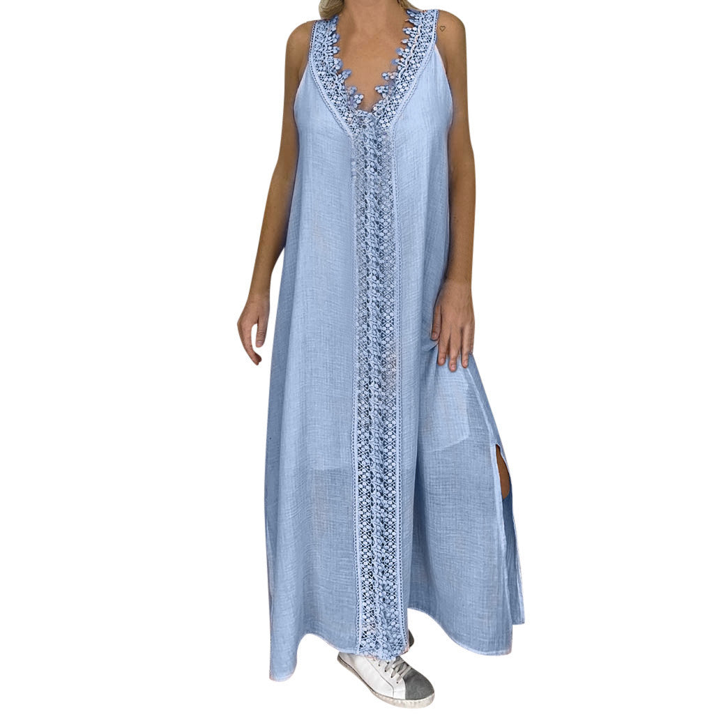 2025 New Summer Women Loose Sleeveless Lace Splice Dress Designer Casual Elegant White Dresses For Women Robe Femmes