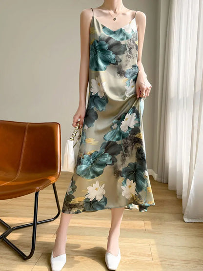 2024 Spring and Summer New Women's Dress Colorful Flower Suspender Skirt Satin Silky Dress Cool and Comfortable