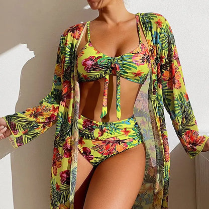 Size S-3XL Bikini Three Pieces Floral Printed Swimsuit Women Bikini Set With Mesh Long-Sleeved Blouse,Bra Top with Pad Swimwear