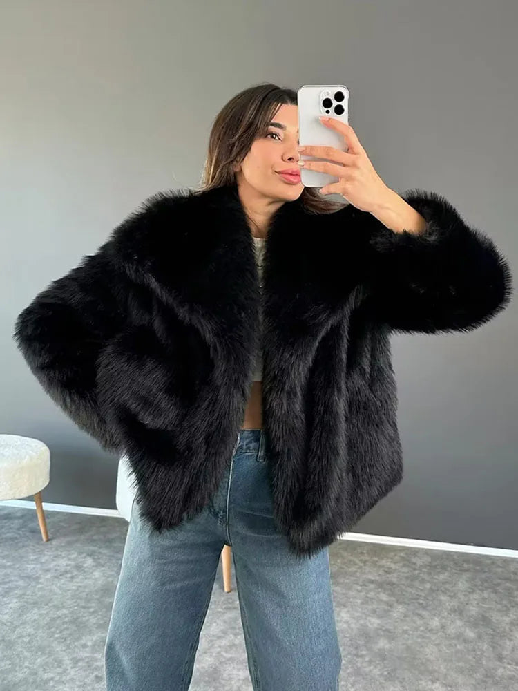 Women Oversized Turn Down Collar Fluffy Faux Fur Vintage Jacket Coats Winter Clothes