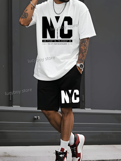 NC NEW YORK Letter Printed Sport T-shirt+shorts Suit Set Men Male Luxury Tracksuit Outfit  Runing  Oversized 2 Piece Set Clothes