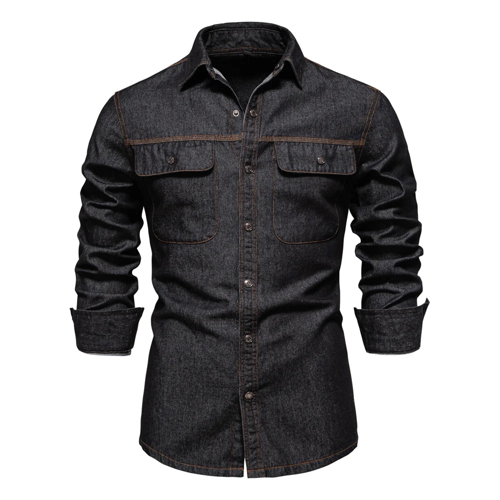 AIOPESON Brand New Mens 100% Cotton Denim Shirts Double Pocket Casual Cowboy Mens Shirts Long Sleeve Autumn Jeans Shirts for Men