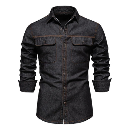 AIOPESON Brand New Mens 100% Cotton Denim Shirts Double Pocket Casual Cowboy Mens Shirts Long Sleeve Autumn Jeans Shirts for Men