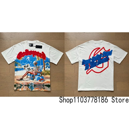 Classic White GOD SPEED T Shirts Letter Logo Seaside Holiday Scenery Print Godspeed Short Sleeve Unisex Tees Tops