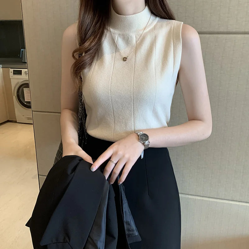 Women Knitted Solid Sweet Crop Tops O-neck Sleeveless Tops for Summer