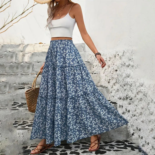2025 Women's Small Floral Belt Three layer Splicing Long Half length Skirt Spring/Summer High end Women's Skirt A-line Skirt