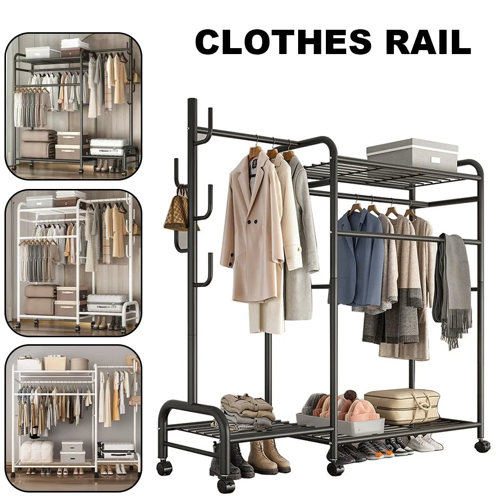 Coat Rack Movable Double Clothes Shelf Clothes Floor-Standing Bedroom Wheeled Floor Hangers Storage Coat Rack Clothes Racks