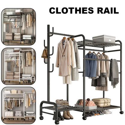 Coat Rack Movable Double Clothes Shelf Clothes Floor-Standing Bedroom Wheeled Floor Hangers Storage Coat Rack Clothes Racks