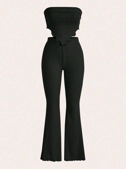 Spring and summer new high-elastic pit strip chest-wrapped flared pants two-piece set