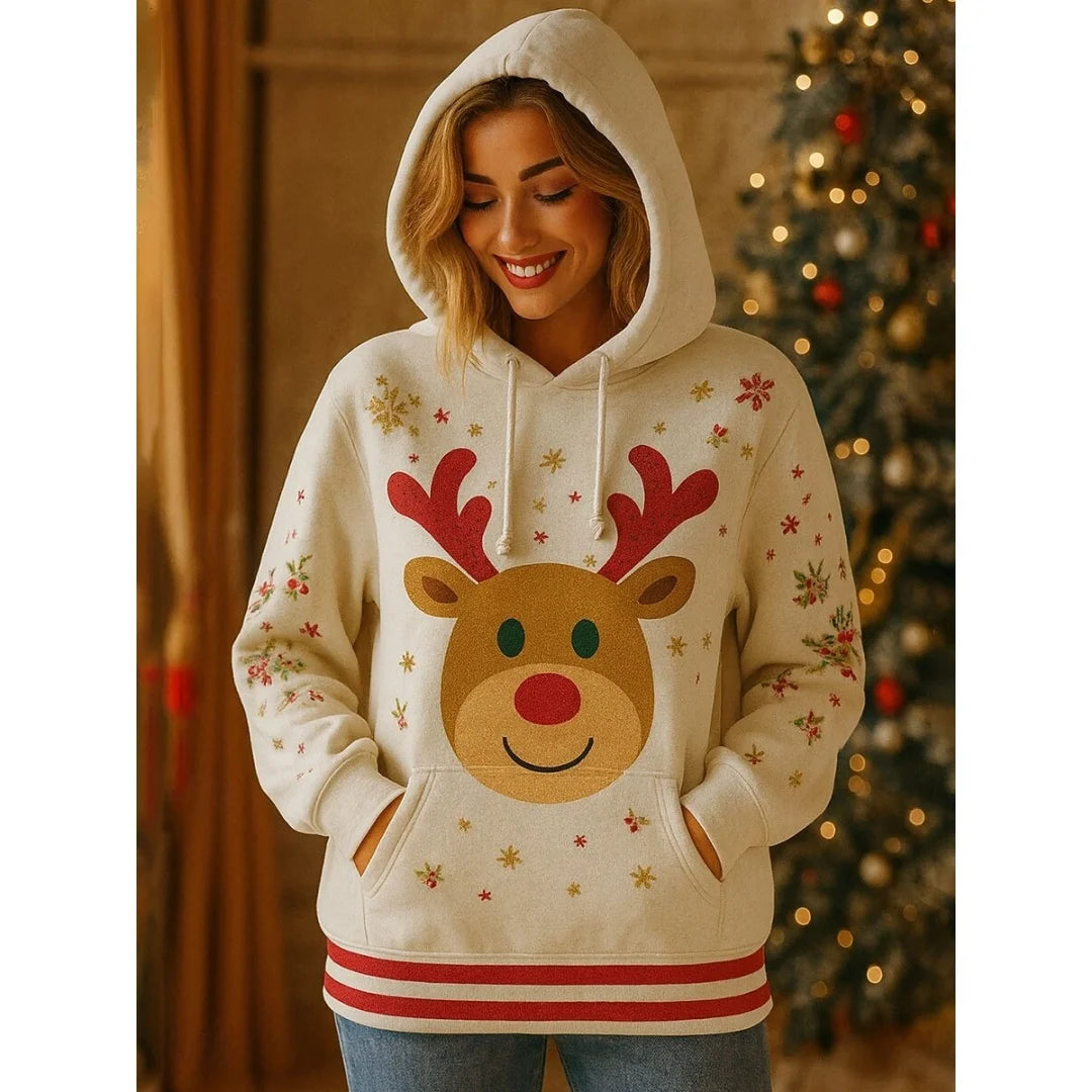 New Women's Pullover Hoodie Sweatshirt 3D Graphic Reindeer Casual Long Sleeve Hooded Regular Tops Wear Street Dailywear Clothing