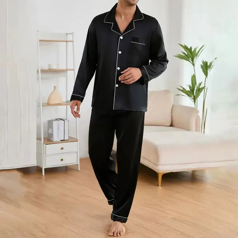 Men's Satin Pajama Set Linter Lapel Collar Long Sleeve Tops & Pants Sleepwear Button Down Loungewear Autumn Pyjama For Man