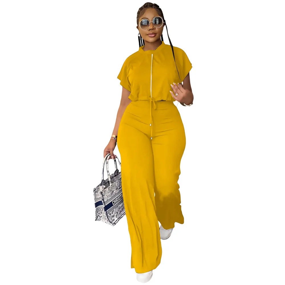 Women Short Sleeve Top & High Waist Pants Set